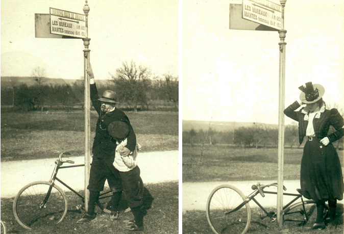 Les rendez-vous à bicyclette à Médan, autour de 1900 (Émile-Zola et Massin 1979) © Tous droits réservés.  Constamment photographiée - alliant ainsi les deux passions du dernier Zola - la bicyclette donne lieu à toute une série d’images nouvelles.