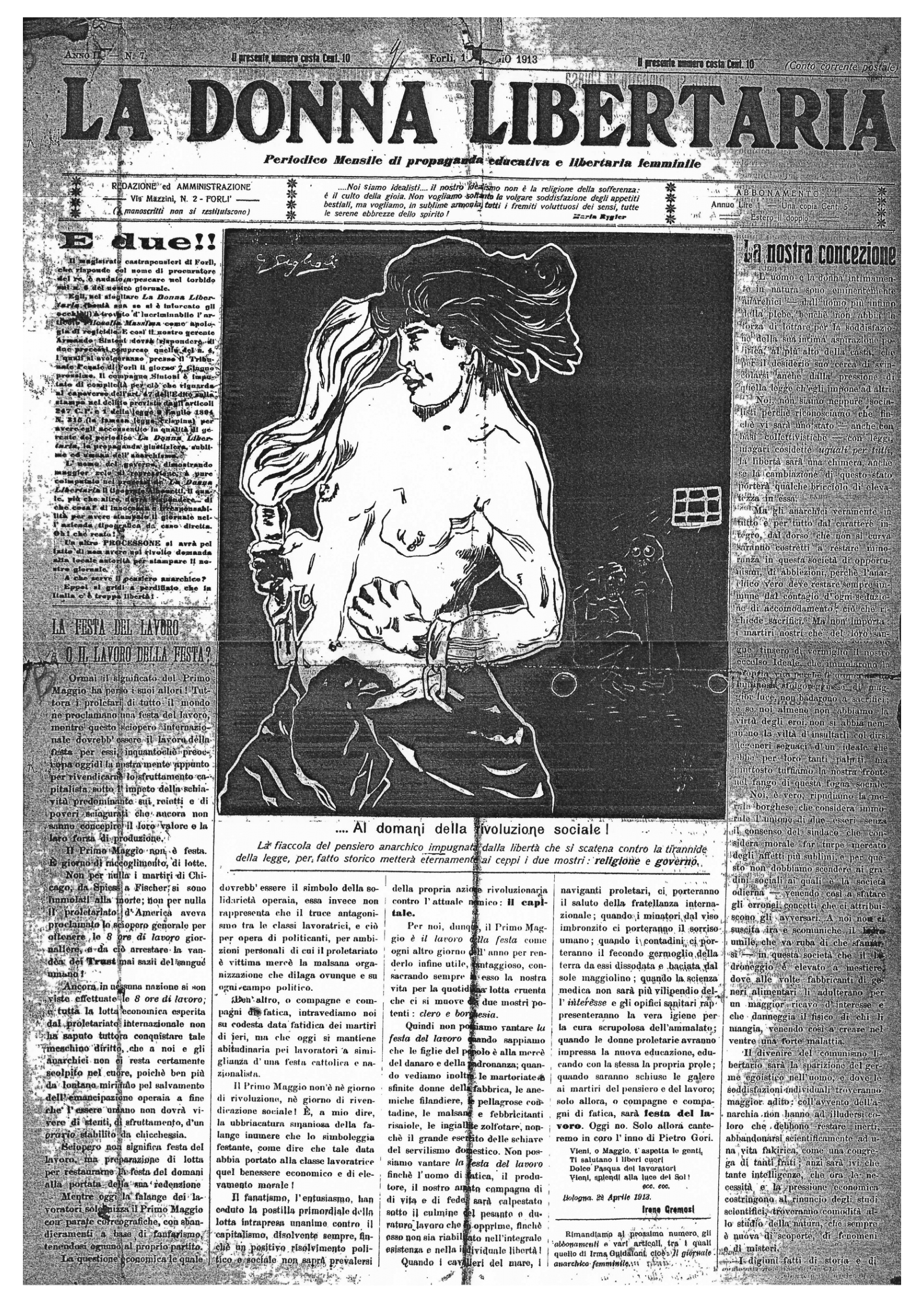 Première de couverture de La Donna libertaria, n° 7, Forlì, 1er mai 1913 (Biblioteca Libertaria Armando Borghi, Castel Bolognese, Italie)