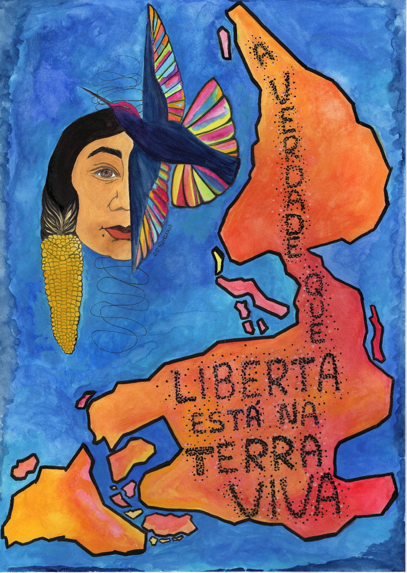 Terra viva, Renata Inahuazo, 2021, Aquarela, caneta nankin e tinta de tecido em papel A3