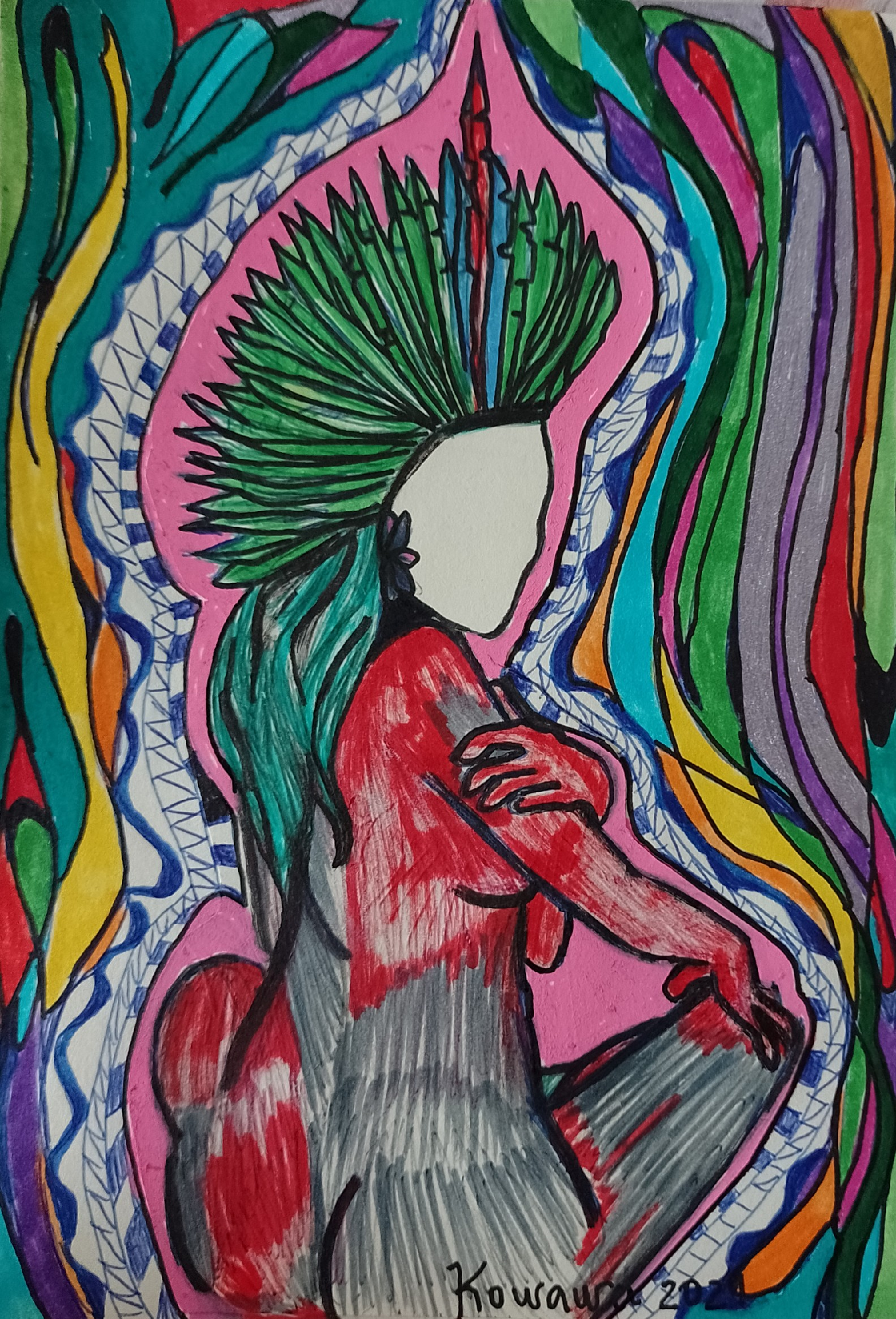 A mulher sem rosto, Kowawa Apurinã, 2022, Caneta Posca e lápis de cor sobre papel pólen
