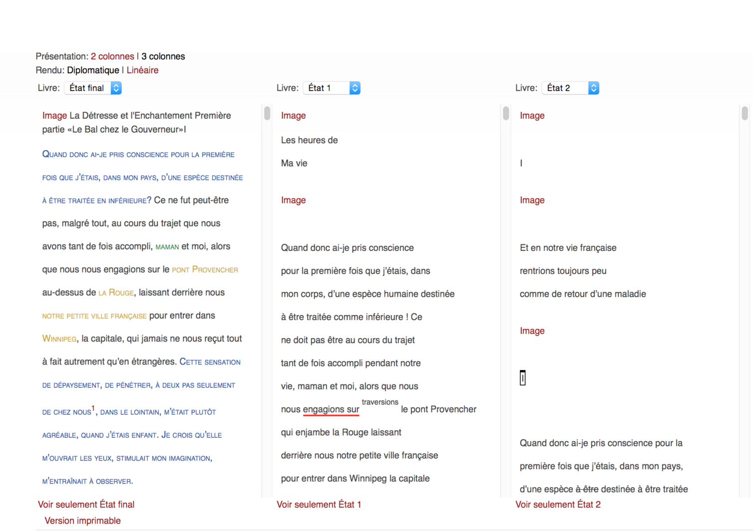 Comparaison de trois états du texte de La Détresse et l’Enchantement