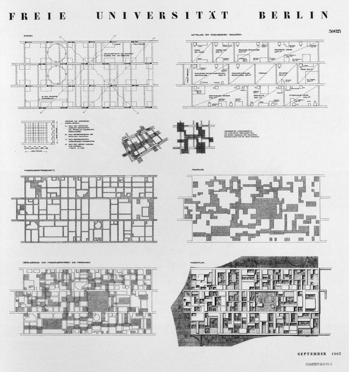 Georges Candilis, Alexis Josic, Shadrach Woods, Manfred Schiedhelm, Berlin Freie Universität, Panneau de rendu de concours, 1963.