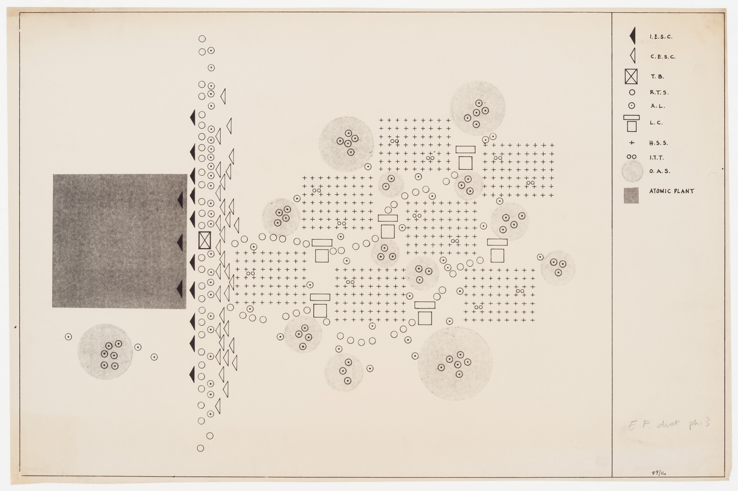 Cedric Price, Atom : diagramme illustrant la distribution des installations éducatives dans la ville pour la phase 3, entre 1966 et 1967, reprographie avec crayon graphite et encre, 46,2 x 69,5 cm, DR1995:0233:020, Fonds Cedric Price, Centre canadien d’architecture © CCA.