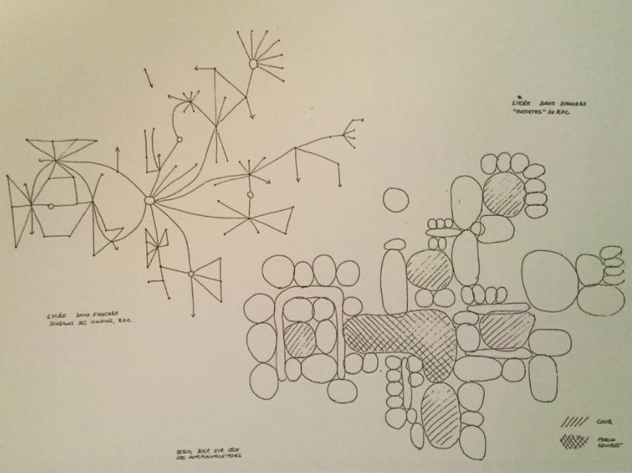 Yona Friedman, Lycée David d’Angers, « Patates » du rez-de-chaussée, 1980 ; in Y. Friedman, L’autoplanification du Lycée David d’Angers à Angers, Ministère de l’Education, 1980.