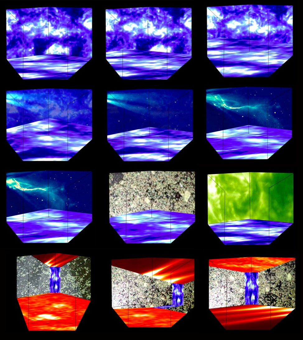 Ultra-relativistic e-motion, Morphologies incompossibles. Sas immersif, 2 modules angulaires en velum, 3 vidéoprojecteurs orientés vers le sol et vers l’angle frontal, environ 5 minutes toutes les 5 minutes.