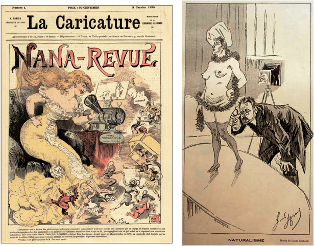 Albert Robida, « Nana-Revue », La Caricature, 3 janvier 1880 et Louis Legrand, « Naturalisme », Le Courrier français, 30 mars 1890. Source : Gallica.   Aussi scientifique prétend-il être, l’imaginaire naturaliste serait impossible sans de telles médiations…