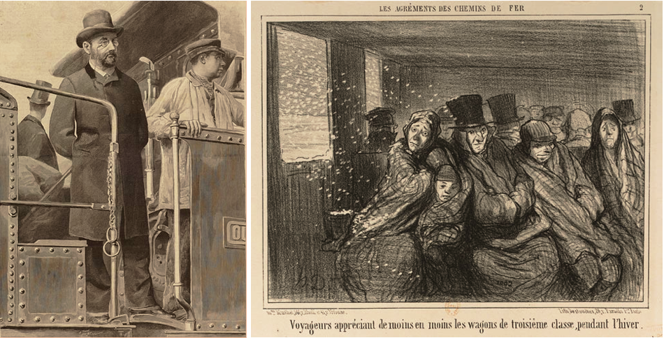 « M. Émile Zola, dessin d’après nature, fait lors de son voyage de Paris à Mantes sur une locomotive », L’Illustration, 8 mars 1890 et Honoré Daumier, « Voyageurs appréciant de moins en moins les wagons de troisième classe, pendant l’hiver », Le Charivari, 25 décembre 1856. Source : Gallica.  Ayant obtenu le privilège de la part des Chemins de fers de l’Ouest de faire le trajet à même la locomotive, l’expérience ferroviaire de Zola est bien différente de celle des passagers de Daumier, si bien que l’on en vient à se demander s’ils utilisent vraiment le même moyen de transport…