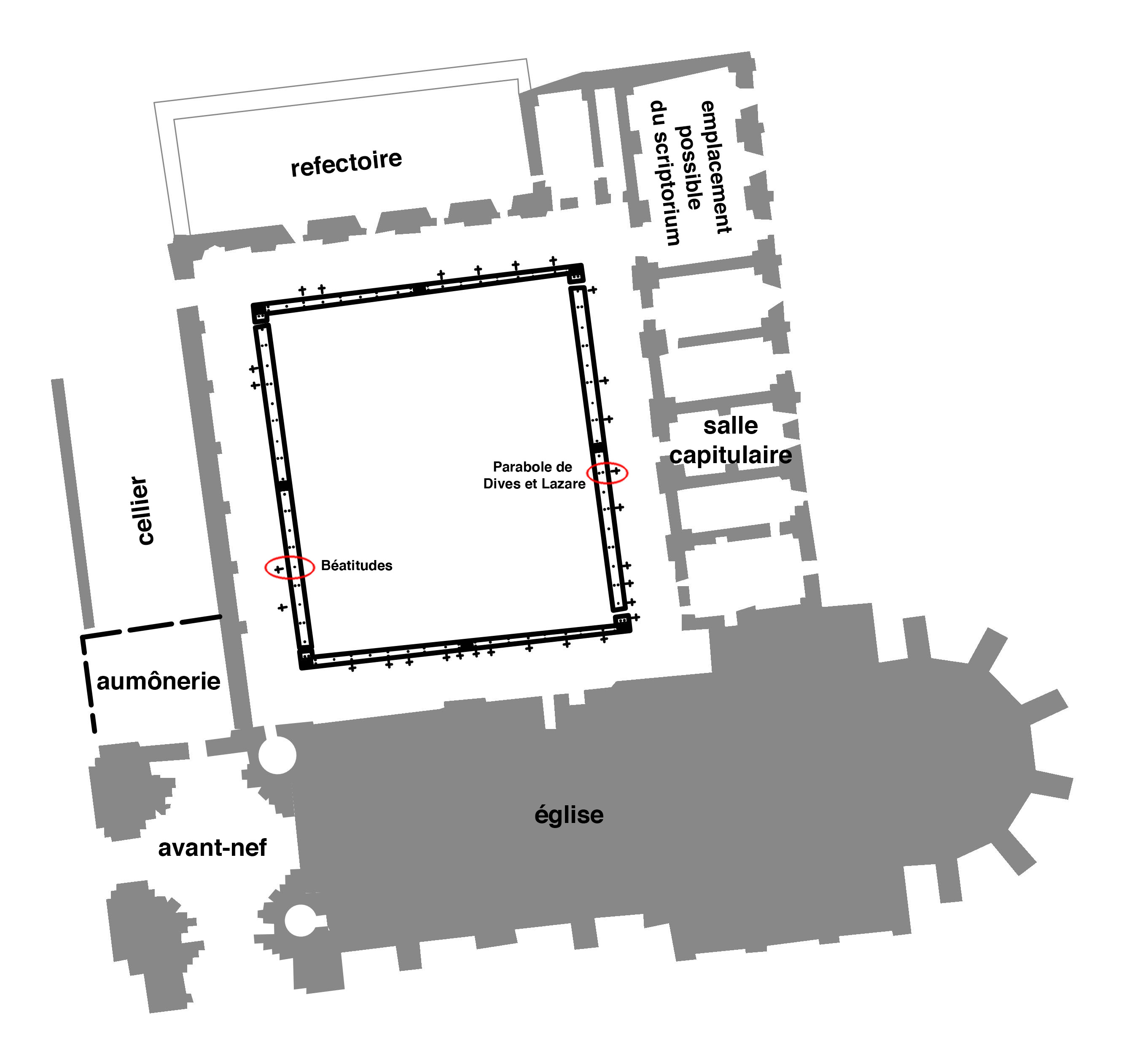 Moissac, L’Abbaye de Saint-Pierre. Plan du monastère d’après Quitterie Cazes, modifié par K. Tanton.