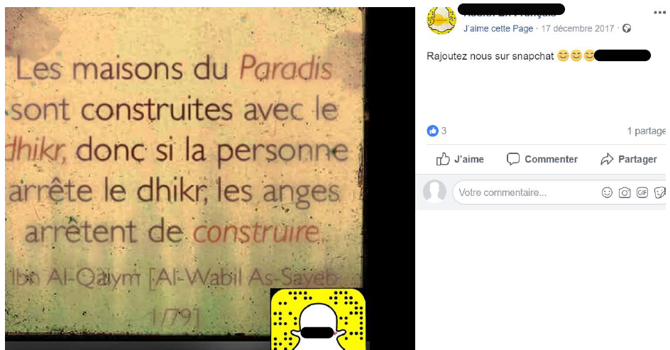 Figure 1 : Extrait de corpus Facebook collecté le 23 décembre 2017 sur la page Hadith en Français.