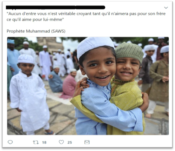 Figure 3 : Extrait de corpus collecté le 20 janvier 2018 sur le compte Twitter d’un utilisateur musulman.