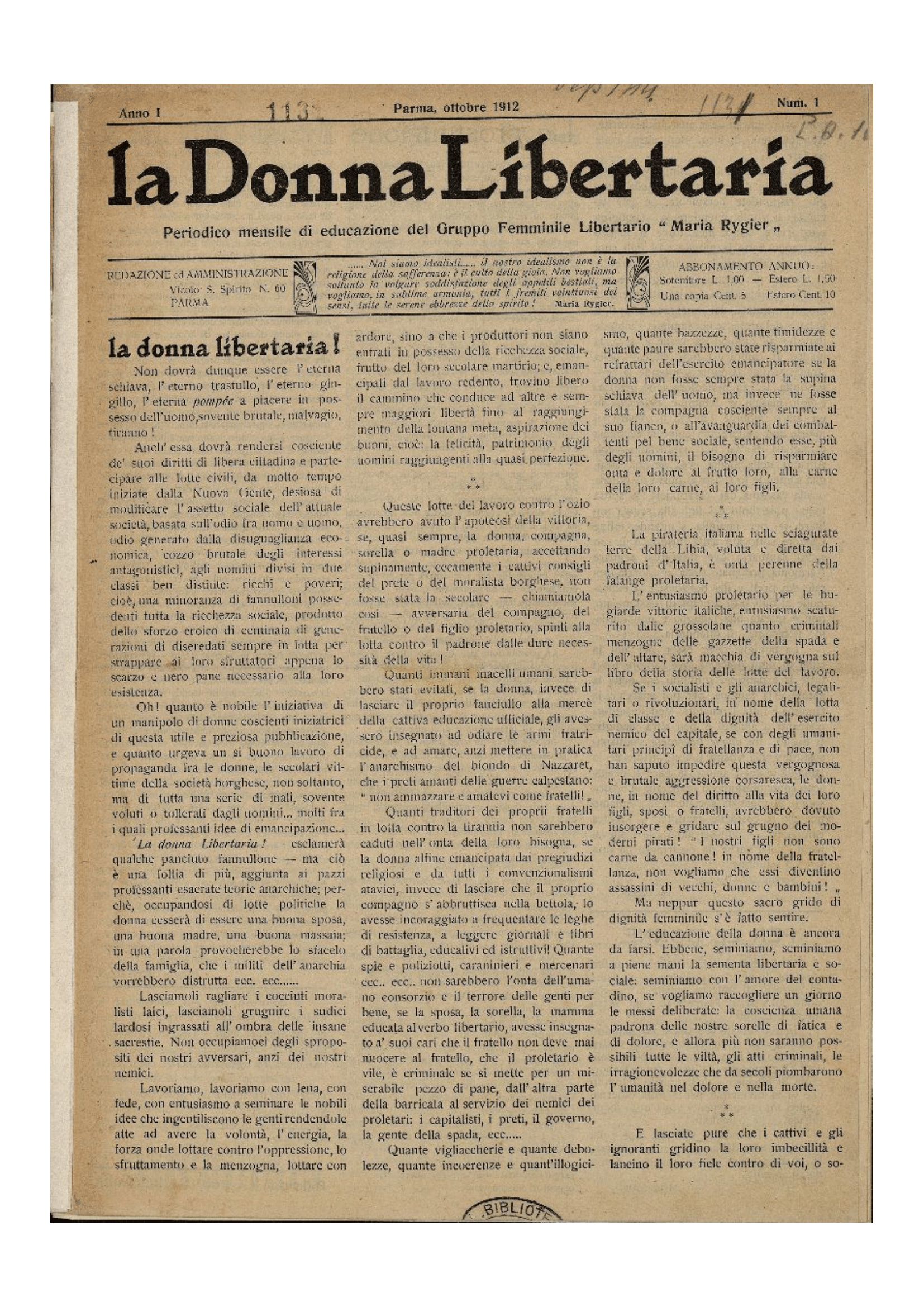 Première de couverture de La Donna libertaria, Parma, n° 1, octobre 1912 (Biblioteca Libertaria Armando Borghi, Castel Bolognese, Italie)