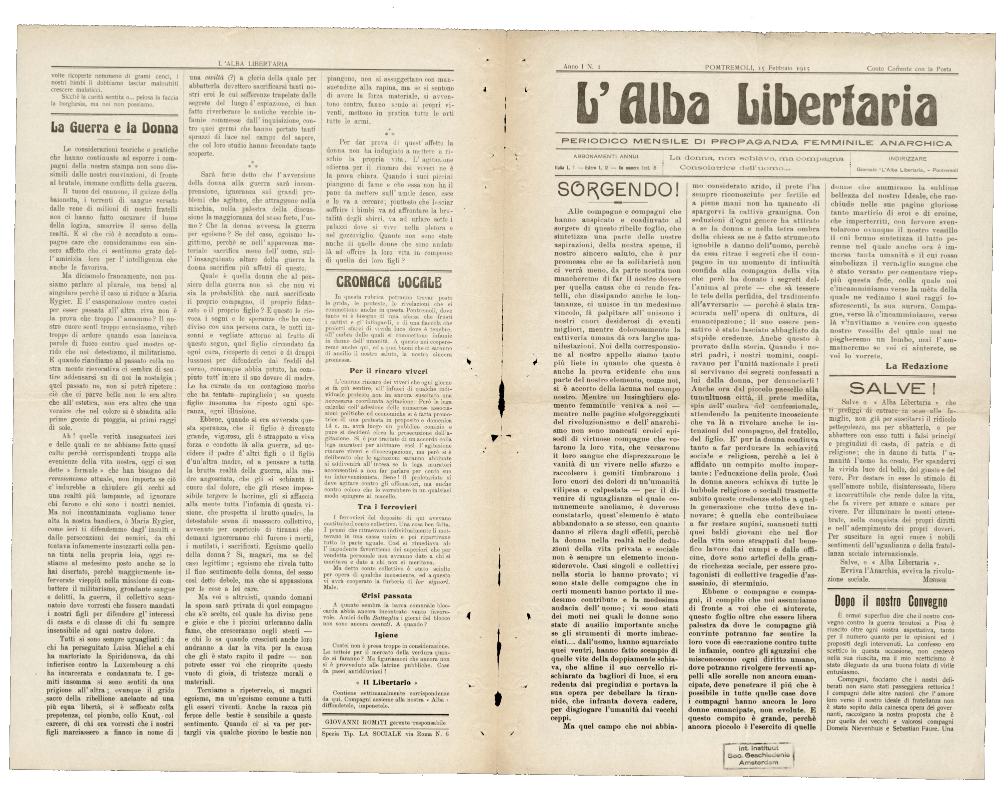 Première de couverture de L’Alba libertaria, n°1, Pontremoli, 15 février 1915 (International institute of social history collections, Amsterdam, Pays-Bas)