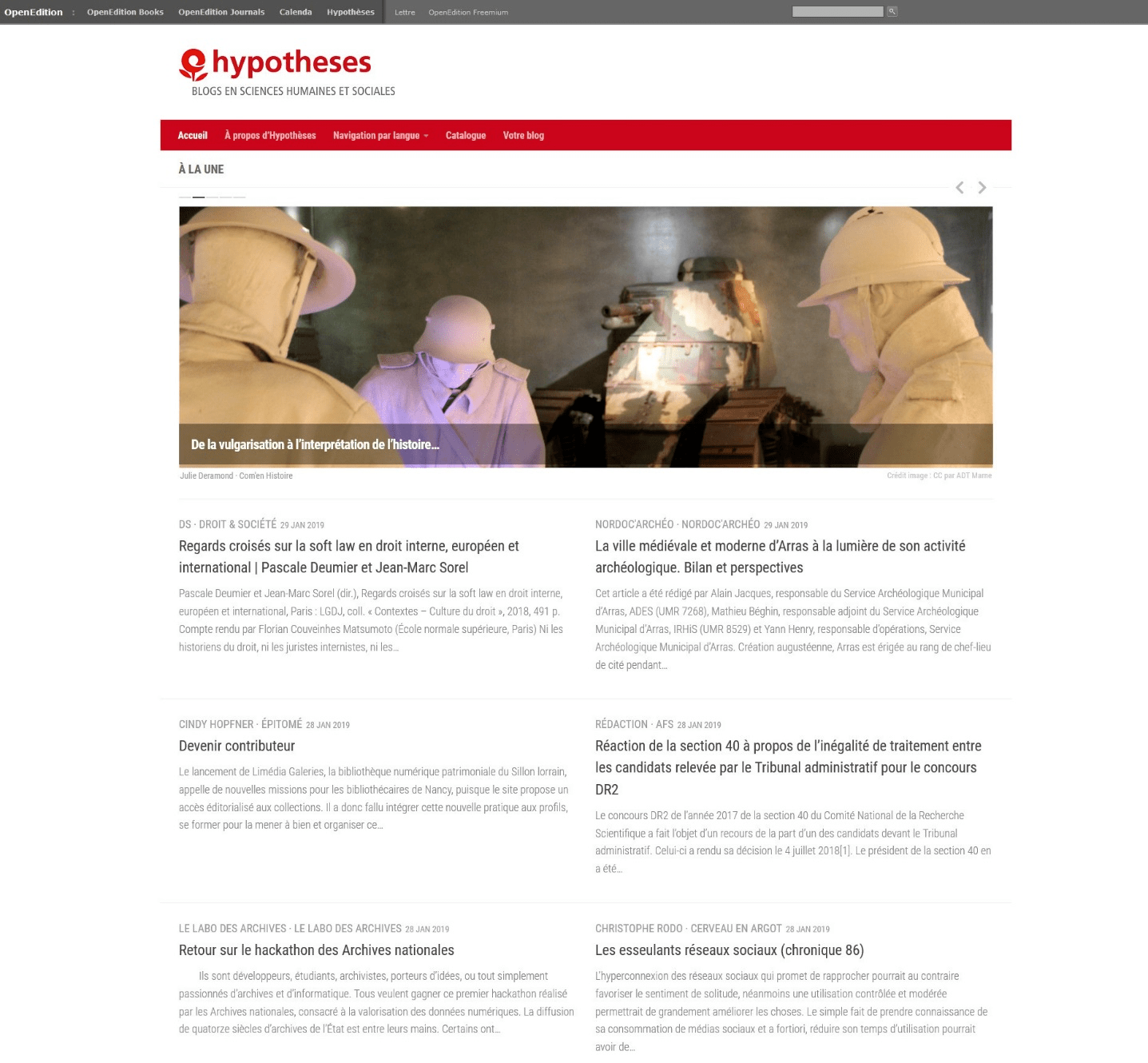 Page d’accueil de la plateforme Hypothèses, capturée le 31 janvier 2019