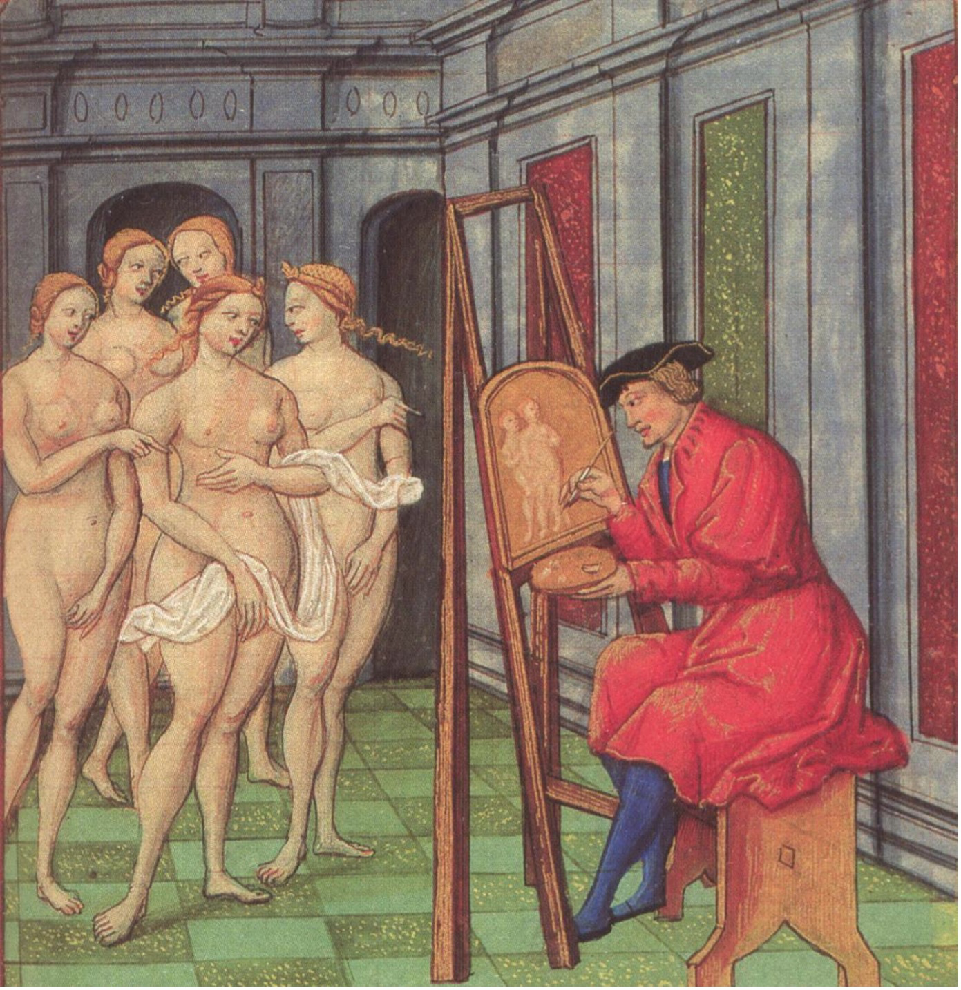 Zeuxis peignant les filles de Crotone, Enluminure tirée du manuscrit du Roman de la rose, 1525. New York, The Pierpont Morgan Library.