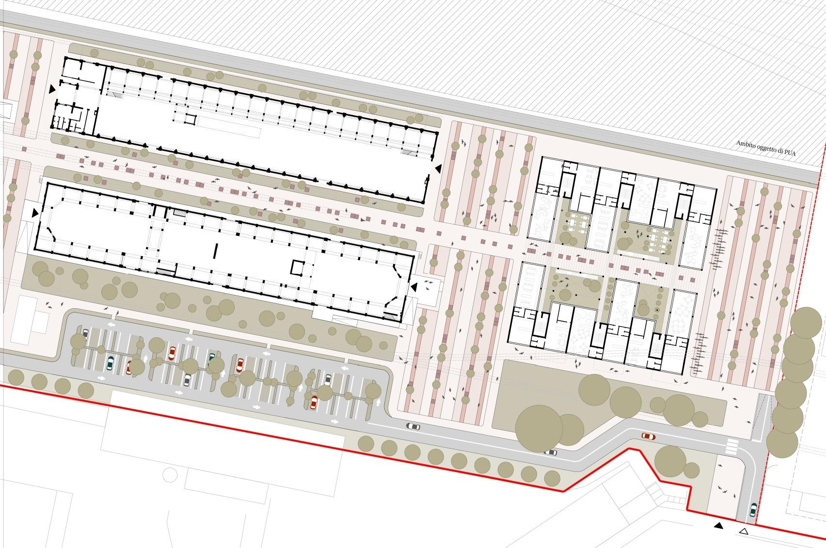 Floor plan of the project. The solution adopted seeks a possible balance with the pre-existing buildings by interpreting their position, proportions and densities