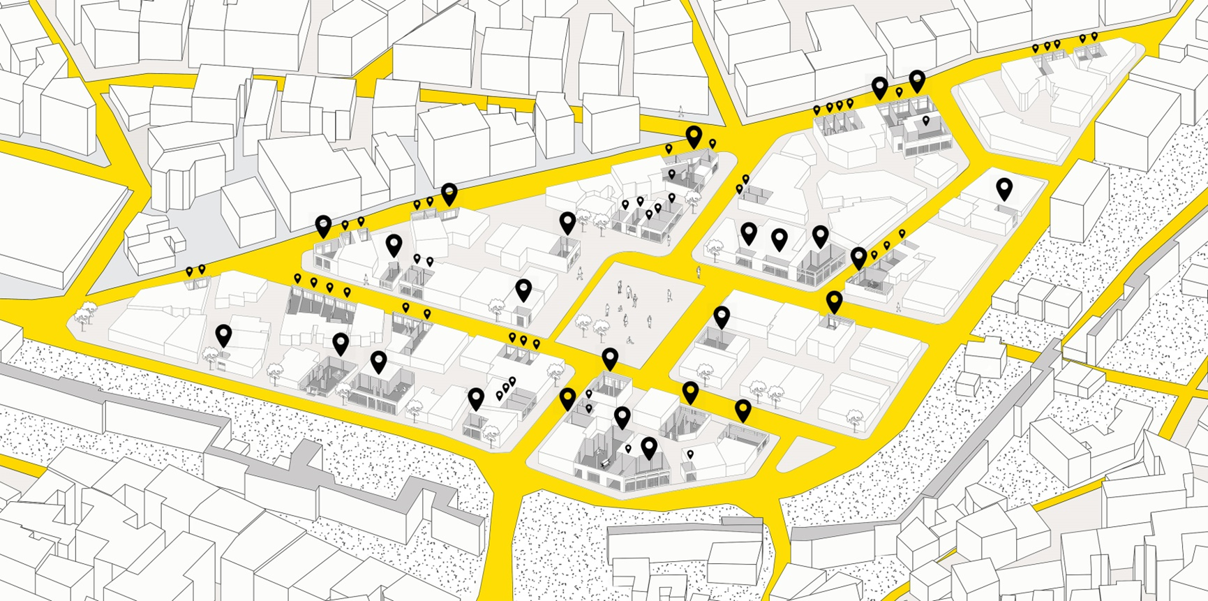 Figure 13: Perspective view of the project showing only the ground floor level. Every black pin represents a former vacant ground floor that turned into active ground floor