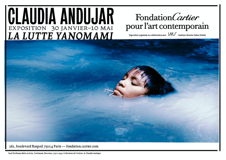 Cartaz da exposição La lutte Yanomami, ocorrida na Fondation Cartier, em Paris, entre 30/01 e 10/05/2020; reabertura de 16/06 a 13/09/2020
