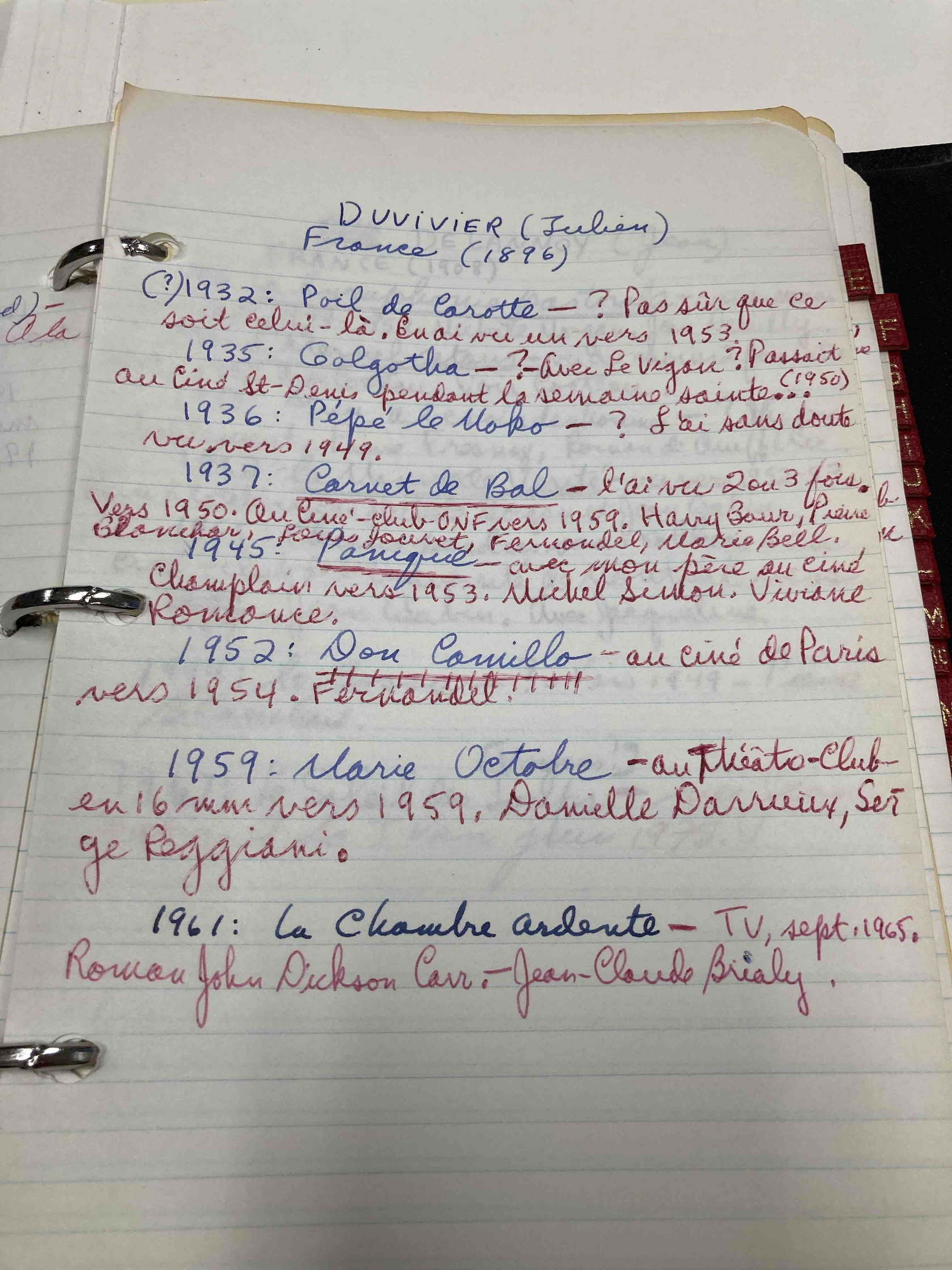 André Belleau, « Répertoire des films vus », Service des archives et de gestion des documents de l’Université du Québec à Montréal, cote 119P 101/3.