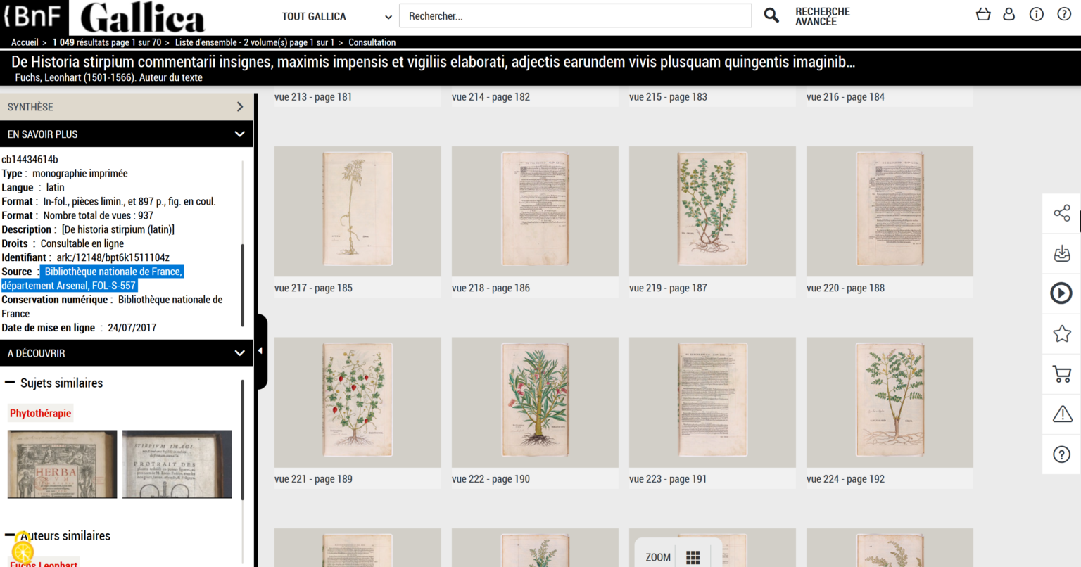 Vue mosaïque de l’herbier de Leonhart Fuchs dans la plateforme Gallica, capture d’écran prise par Tassanee Alleau