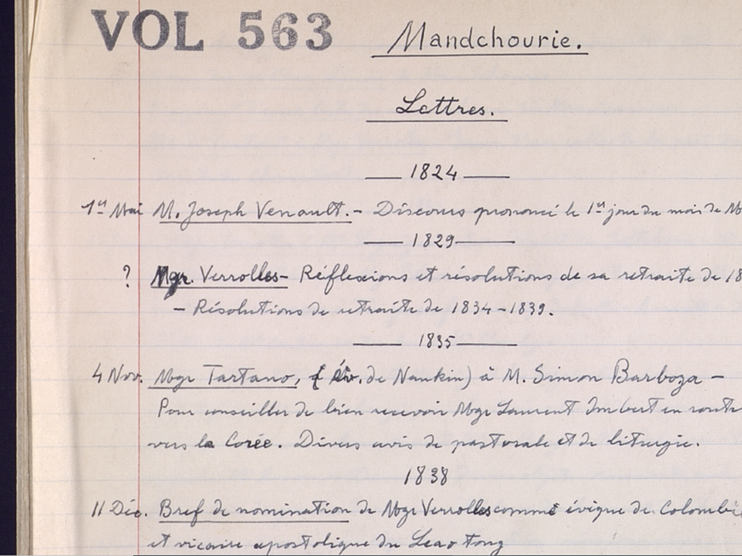 Missions Étrangères de Paris. Exemple de table d’archives.