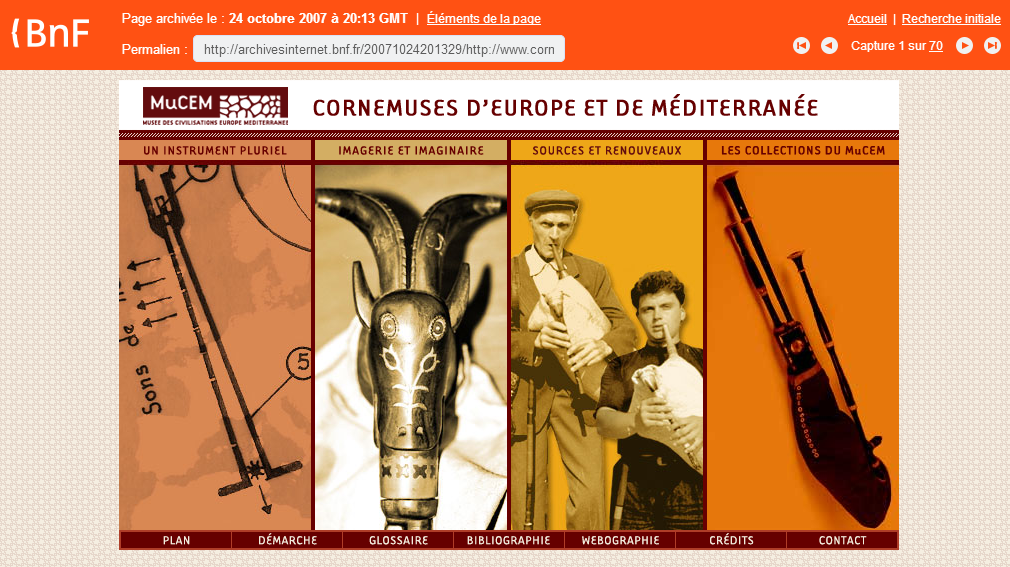 Capture de la page d’accueil du site Cornemuses le 24 octobre 2007 dans les archives de l’Internet de la BnF (http://archivesinternet.bnf.fr/20071024201329/http://www.cornemuses.culture.fr/)