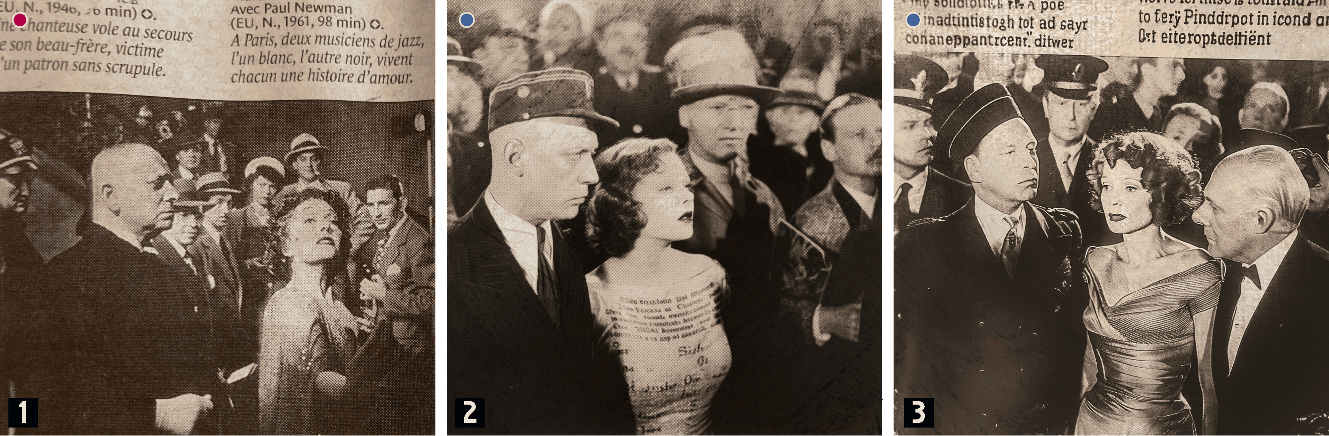 Extrait du journal Le Monde, montrant une photo du film Boulevard du crépuscule (1), reproduite avec MidJourney v. 5 (2) et v. 6 (3).