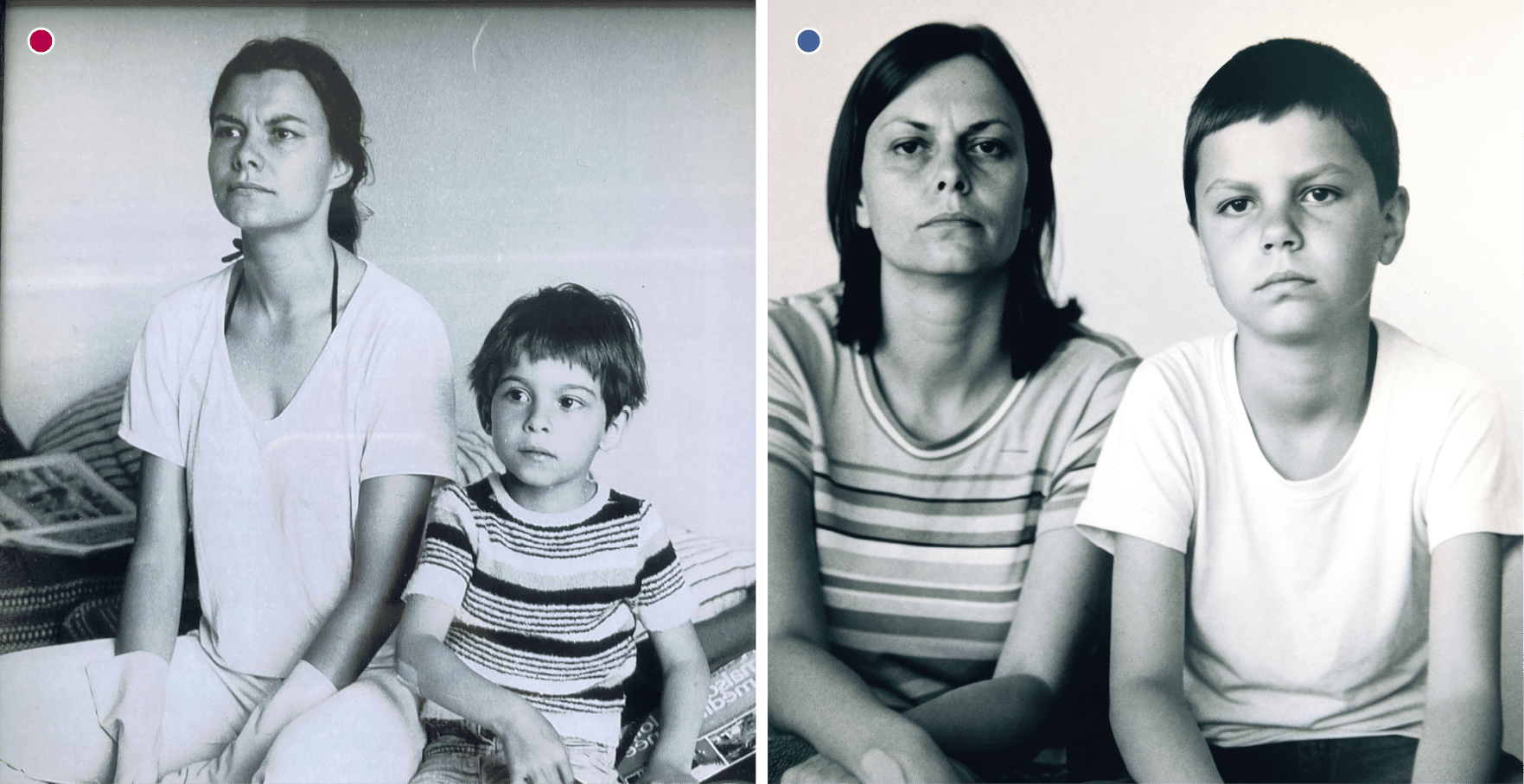Photo de famille personnelle (ma mère et moi). L’IA a inversé les motifs de nos vêtements, mais quelque chose dans le regard a persisté
