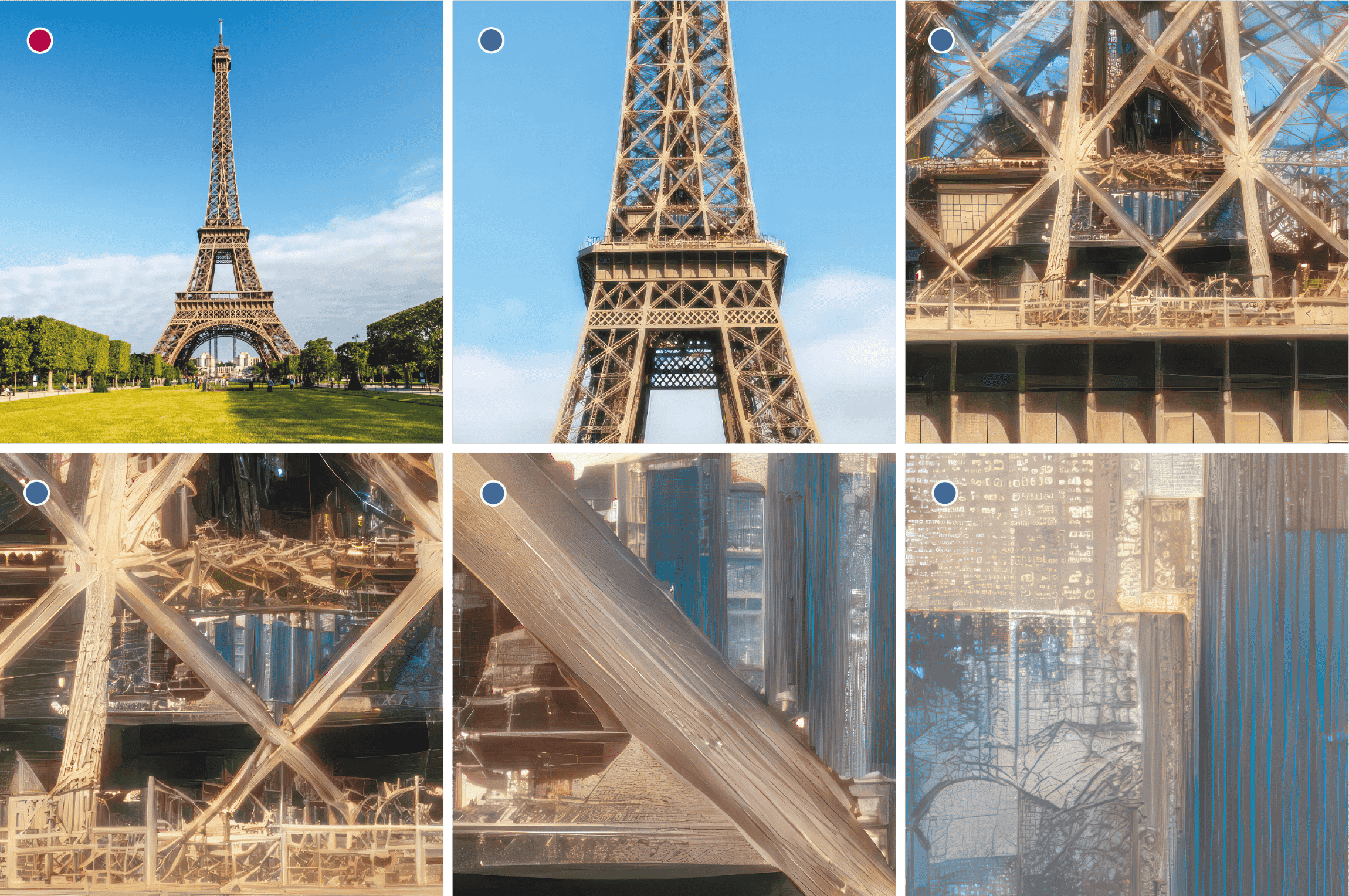 Agrandissement par IA, chaque nouvelle vue étant générée à partir de la précédente. La première image est une photo conventionnelle, les suivantes sont des hybrides où la part d’IA est de plus en plus importante