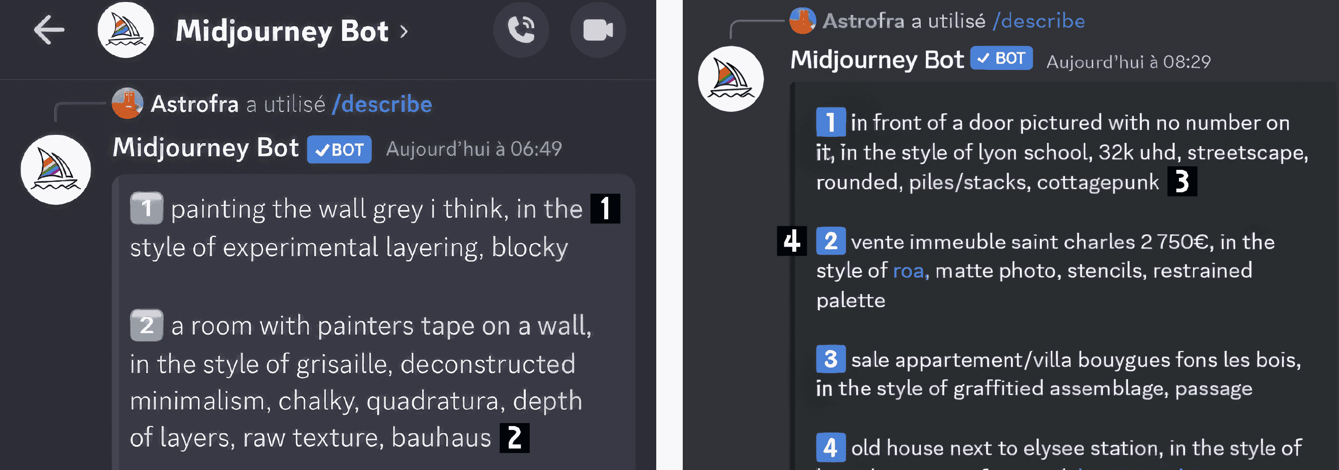 Description d’image faite par MidJourney. Certaines réponses indiquent un apprentissage sur des données annotées oralement (1), des courants artistiques (2), des références à la culture internet (3) ou par aspiration automatique de divers sites web (4)