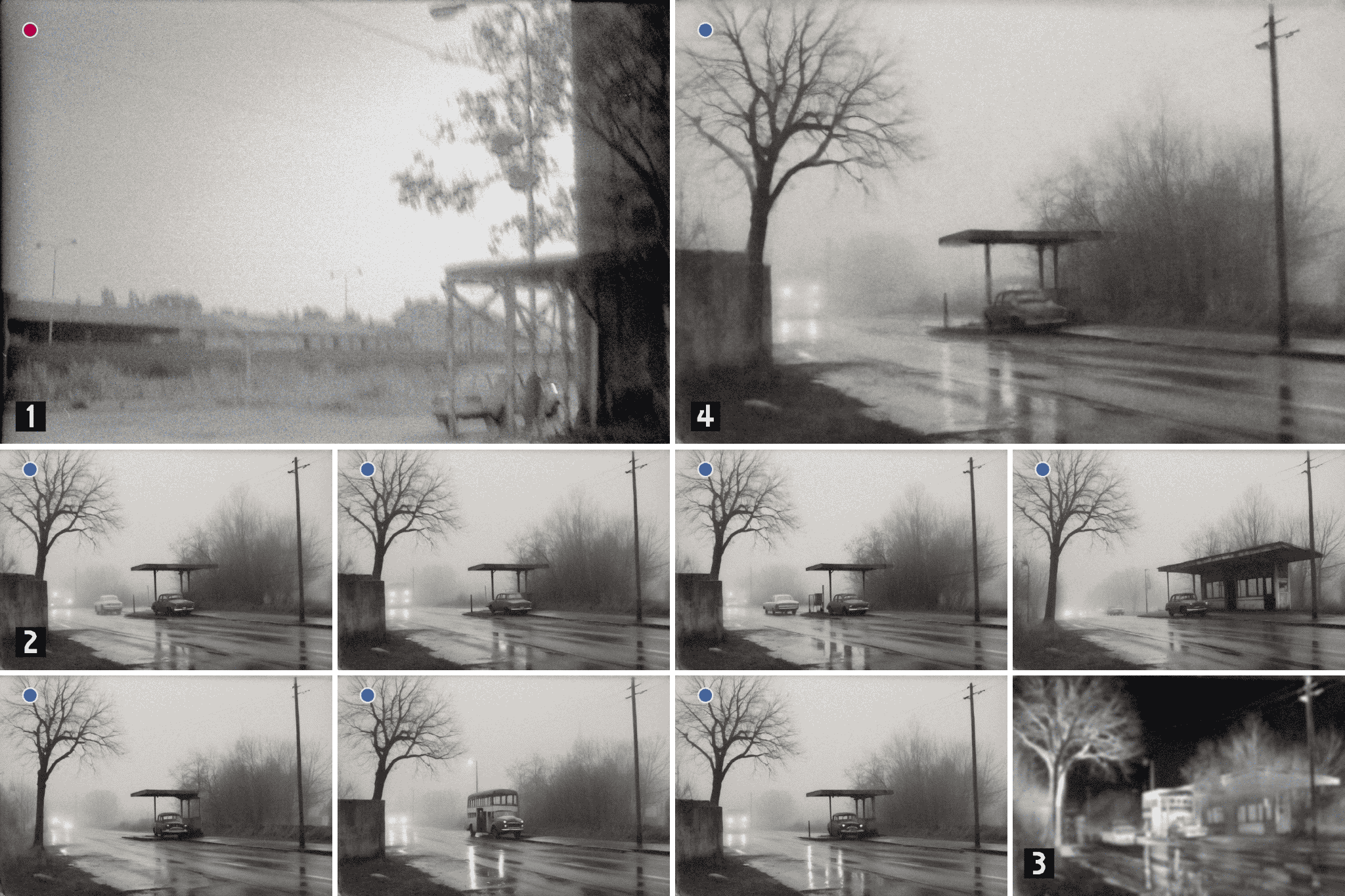 Réinterprétation d’une photo argentique de Prague en 1993. La photo a été « lue » par ChatGPT qui a pu en déchiffrer les principaux éléments en dépit d’une mise au point approximative. Les variations obtenues sous SDXL en manipulant la seed peuvent donner un sens nouveau au flou de l’image finale